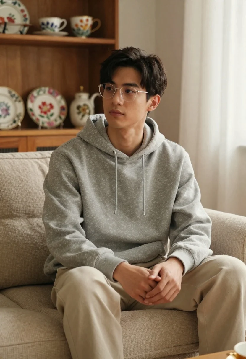 Young man with dark hair and glasses sitting on a sofa - AI generated image prompt sample