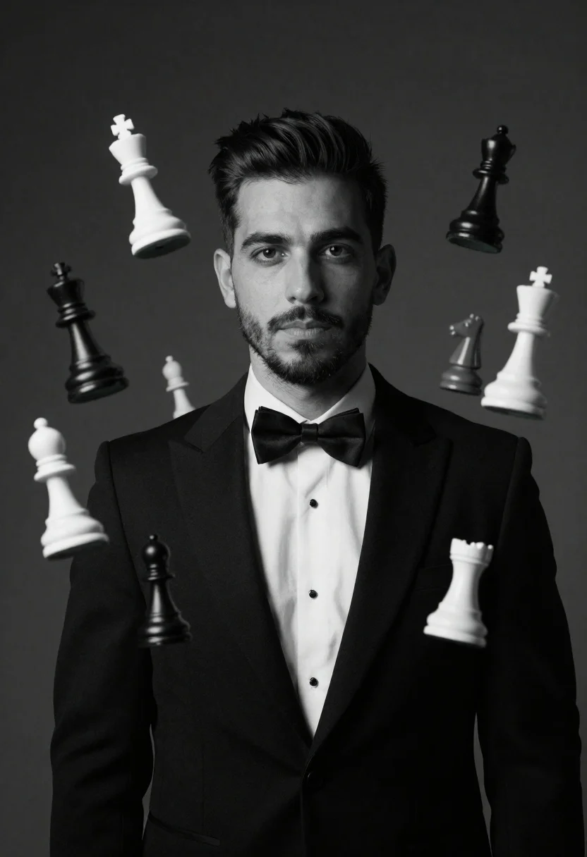 Monochrome portrait of man with floating chess pieces