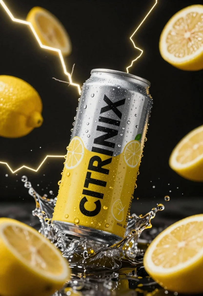 Silver and yellow aluminum beverage can suspended in water splash against dark - AI generated image prompt sample