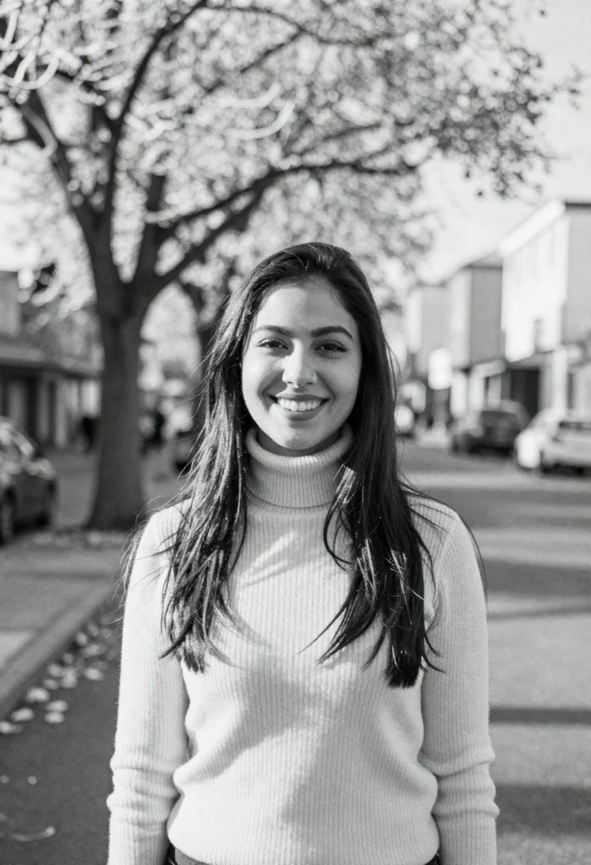 Smiling young woman in ribbed turtleneck against snowy urban street bokeh