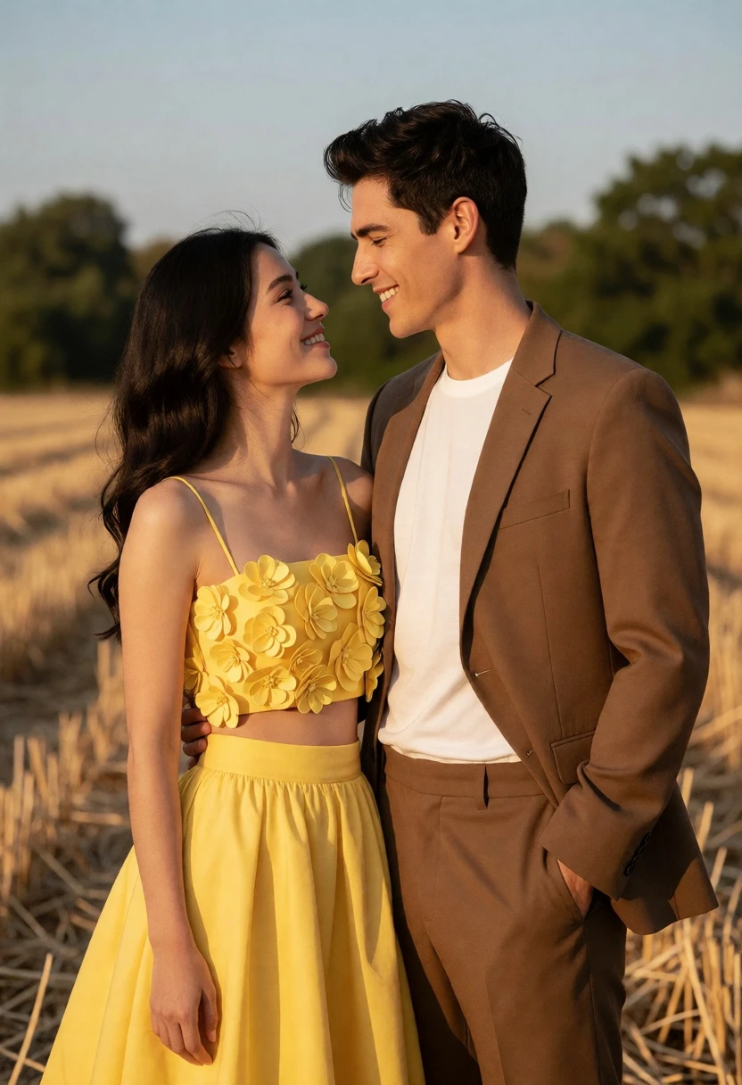 Romantic couple portrait in a harvested field at soft golden hour light - AI generated image prompt sample