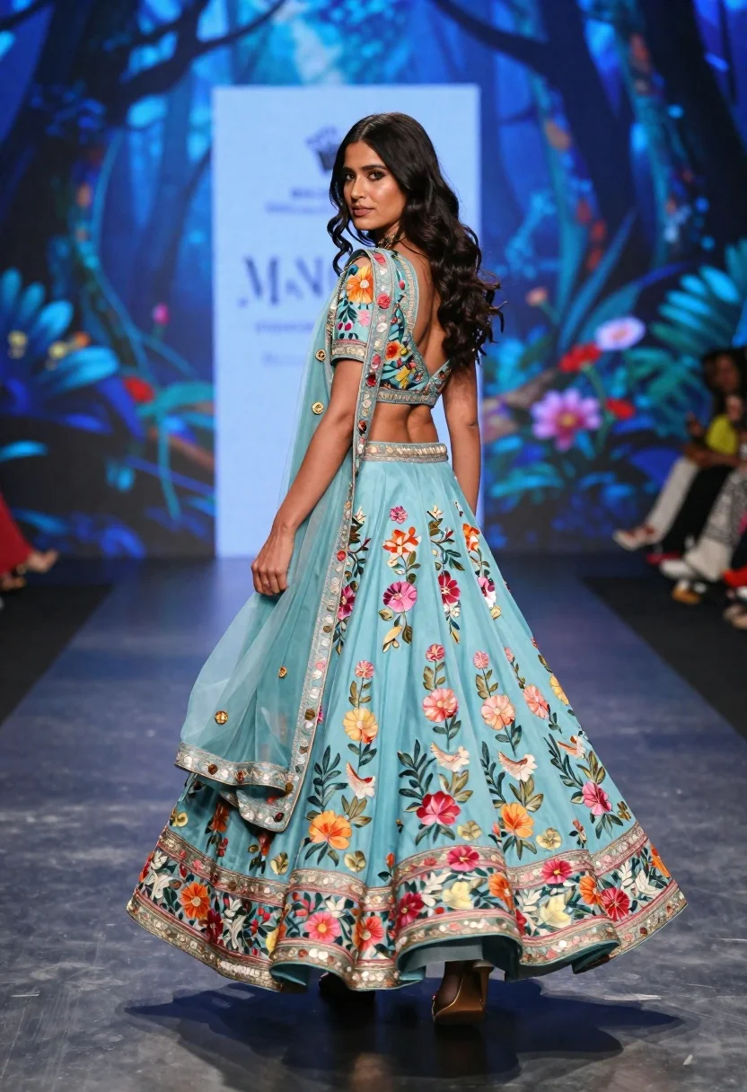 Woman walking runway in blue lehenga with floral embroidery backdrop