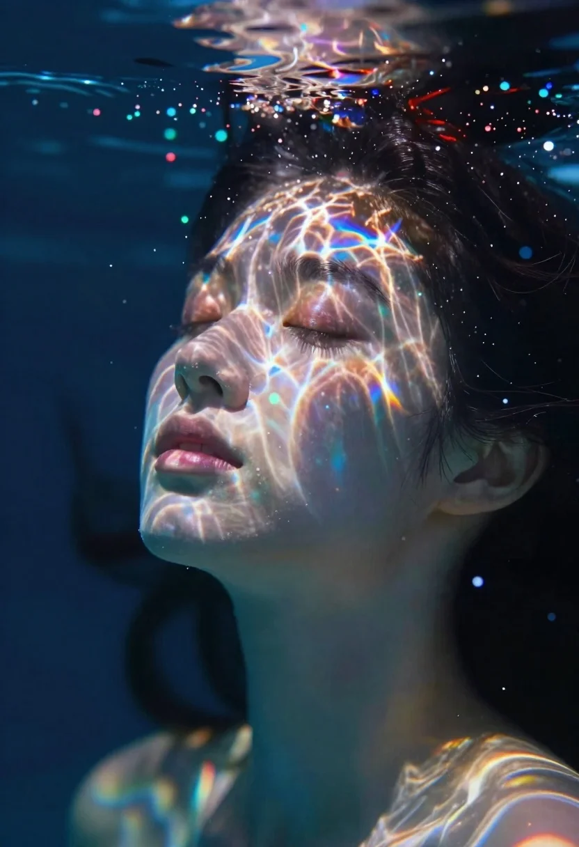 Womans face submerged in water with prismatic lighting