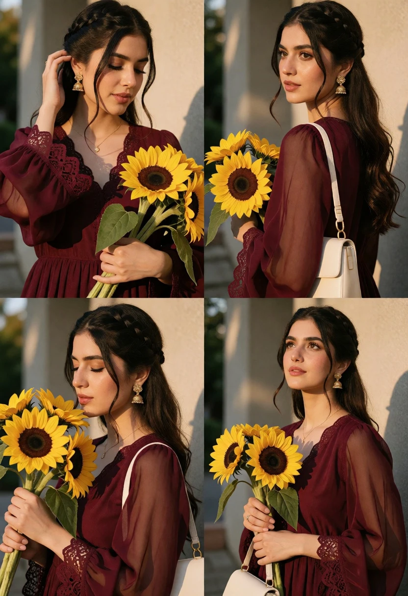 Four panel collage of young woman posing with sunflowers in warm outdoor - AI generated image prompt sample