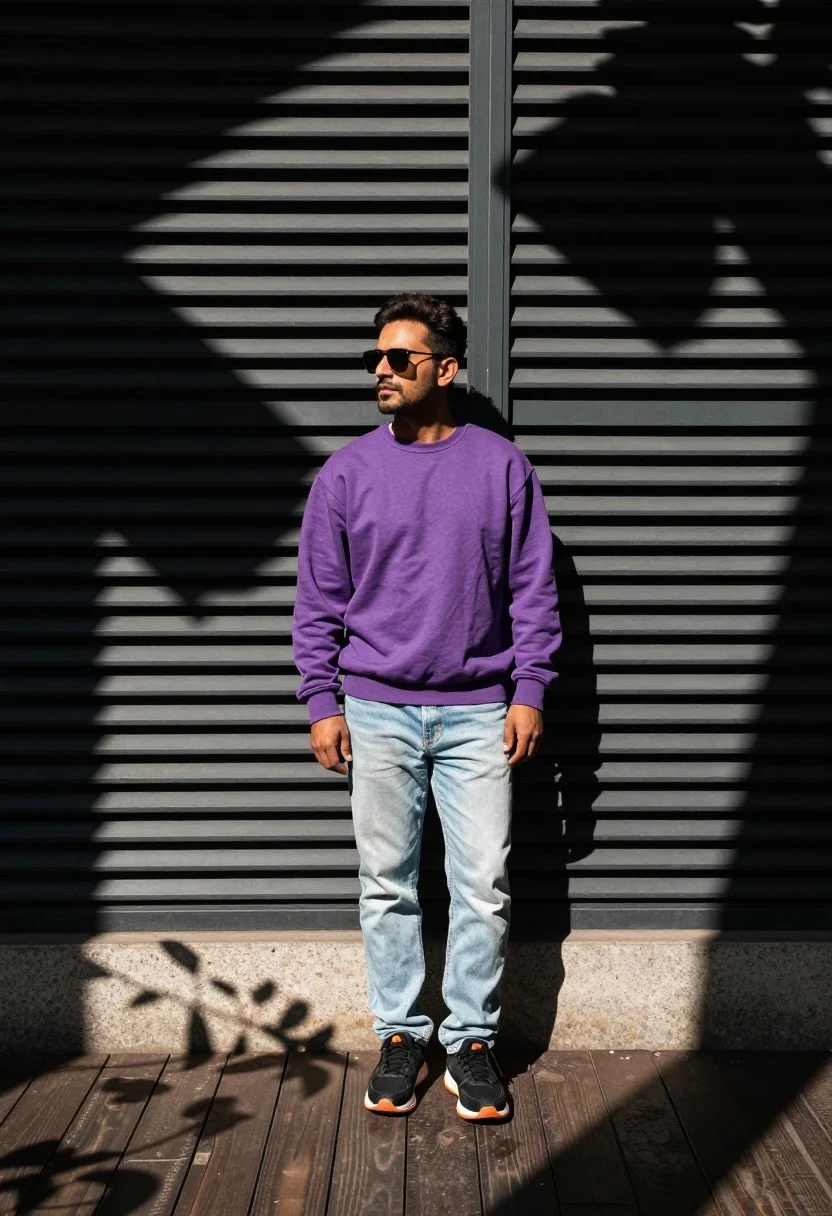 Man in purple sweatshirt leaning against slatted wall with dappled shadows - AI generated image prompt sample