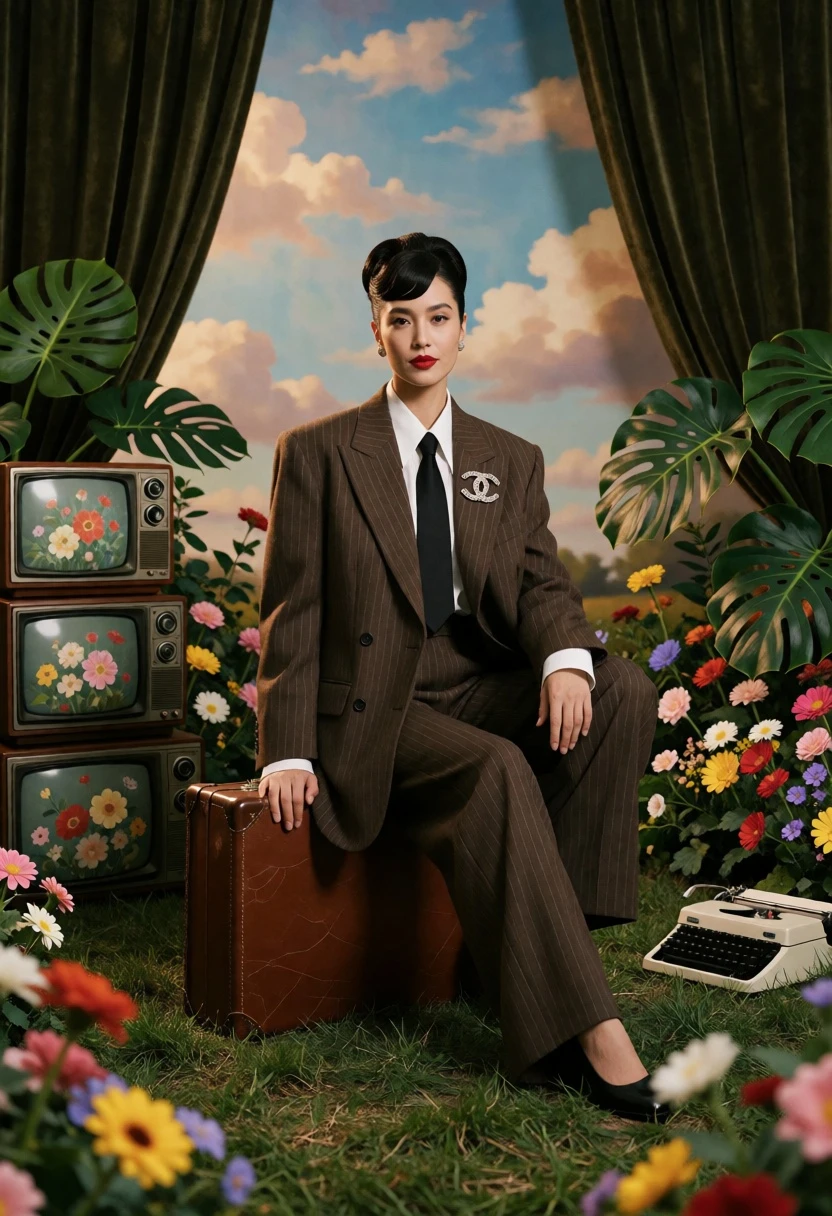 Woman in pinstripe suit sitting on suitcase in surreal garden setting - AI generated image prompt sample