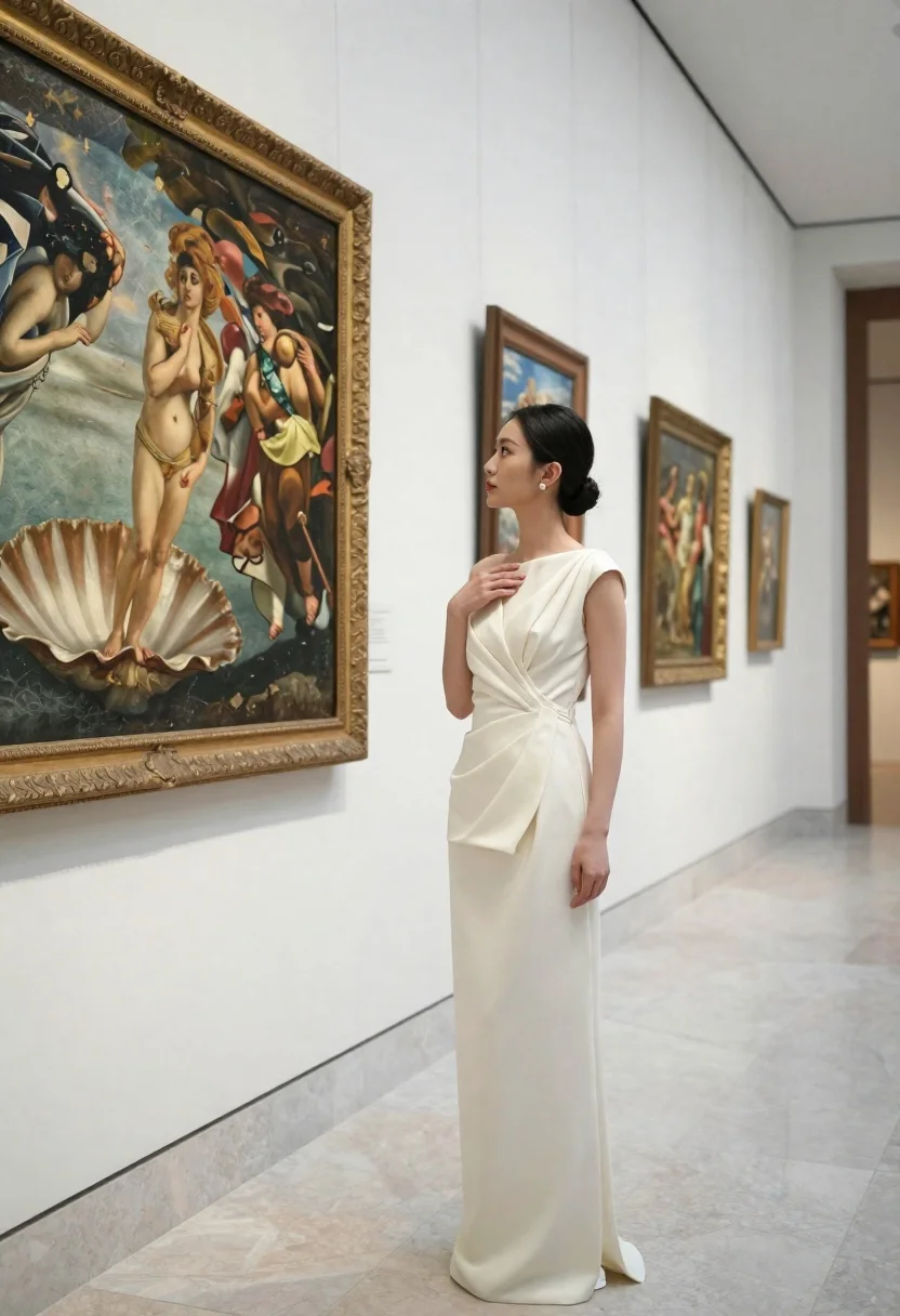 Woman in cream gown stands in museum gallery looking at large painting - AI generated image prompt sample