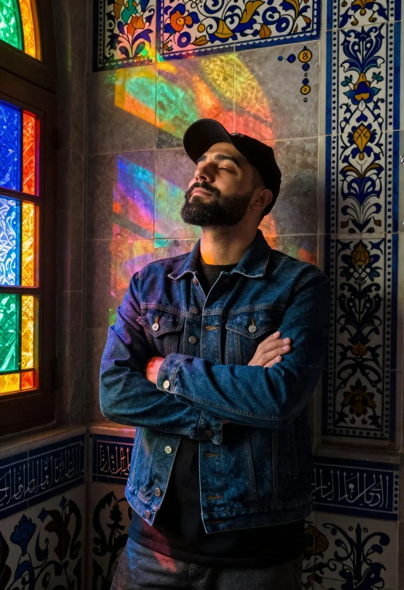 Man standing in front of ornate tilework with colored light - AI generated image prompt sample