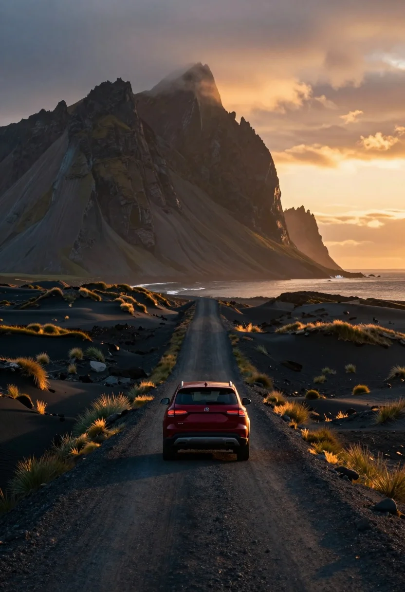 Red suv driving away on gravel road toward dramatic mountain range at - AI generated image prompt sample