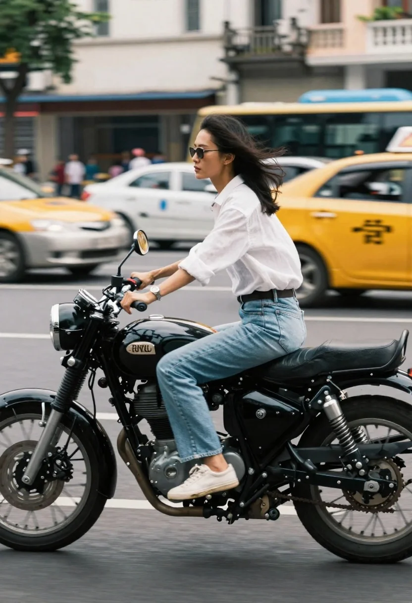 Woman riding a black motorcycle on a busy city street - AI generated image prompt sample