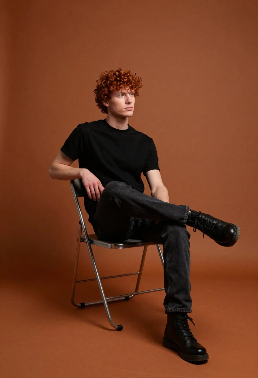 Young man with red curly hair sitting on chair against burnt orange - AI generated image prompt sample