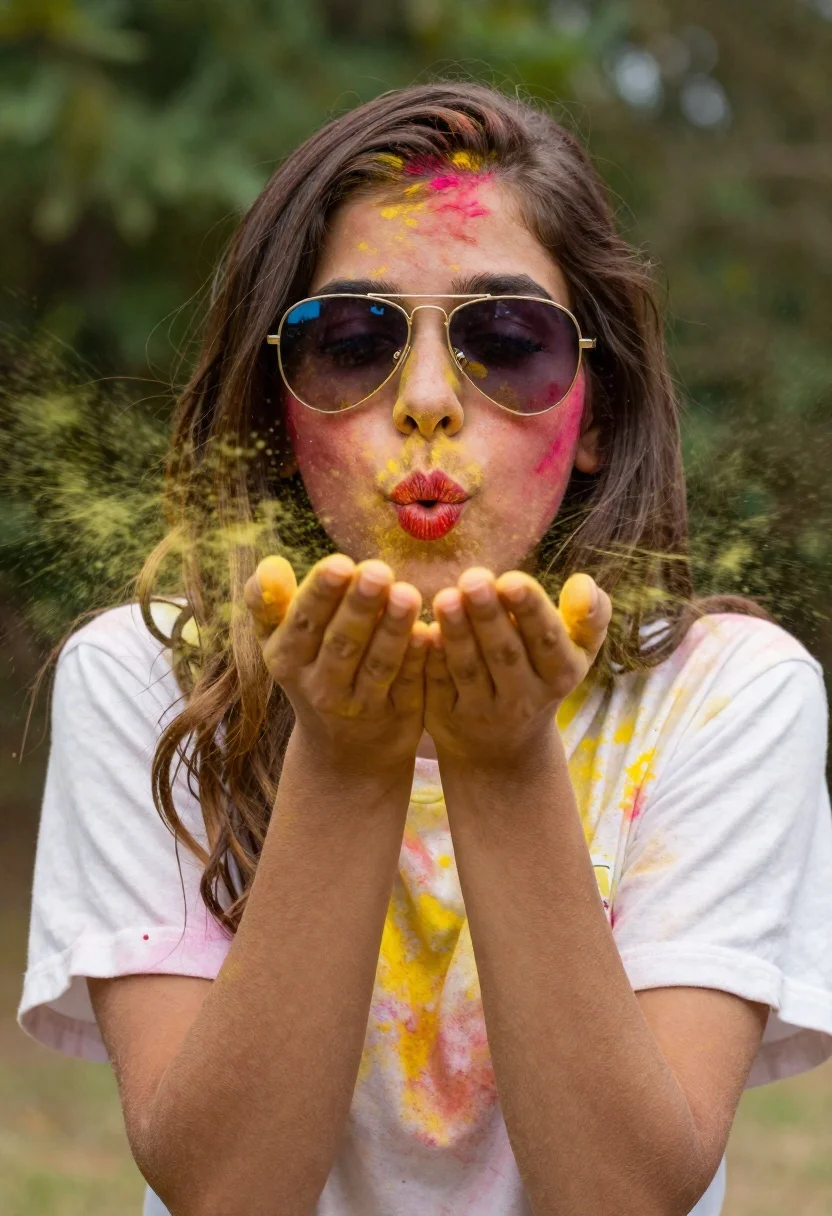 Young woman blowing yellow powder from her hands toward camera - AI generated image prompt sample