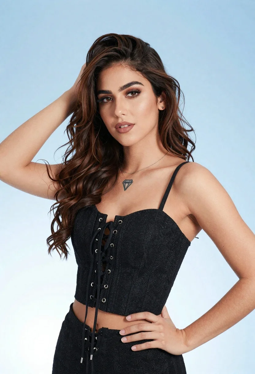 Portrait of young woman in black corset top against soft blue background