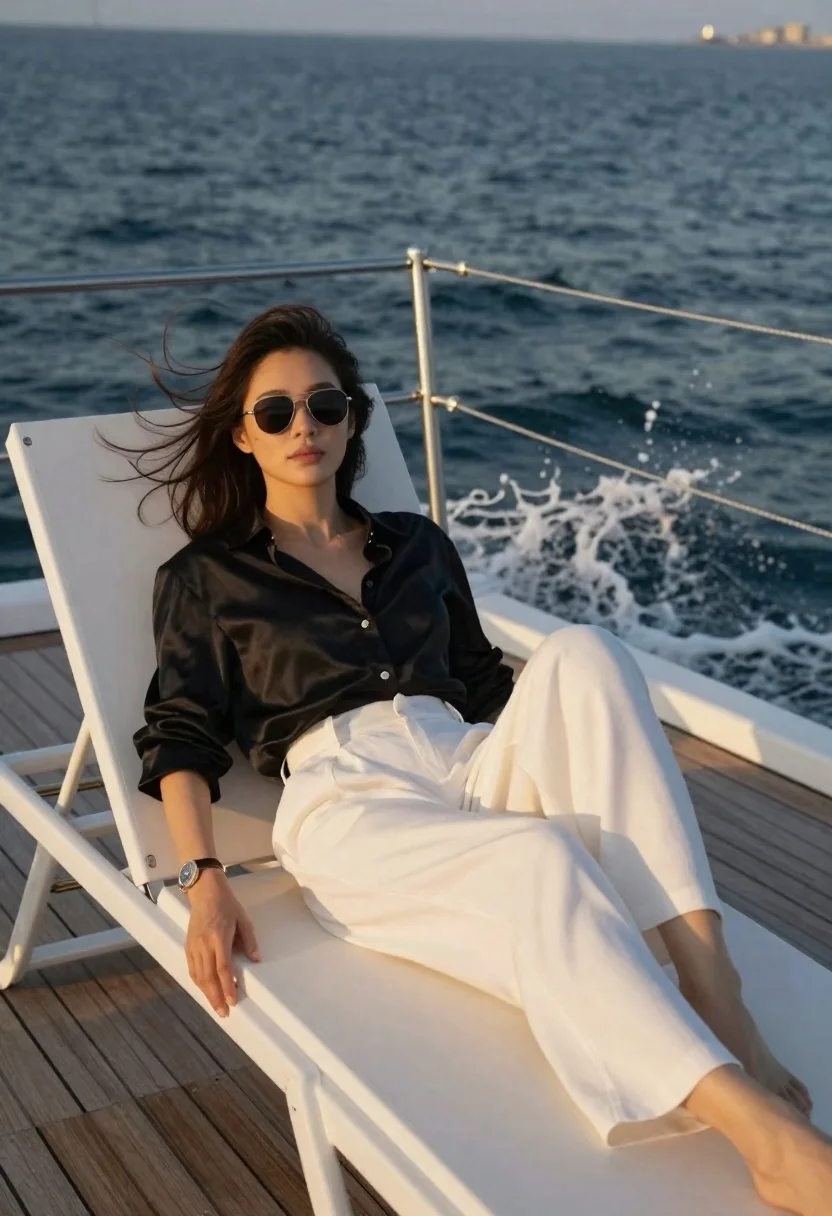 Woman in black silk shirt relaxing on yacht deck at sunset - AI generated image prompt sample