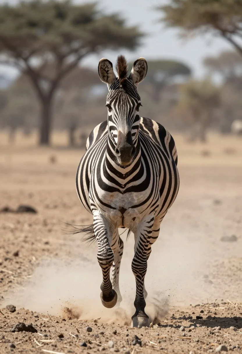 Zebra galloping at full speed across arid savanna landscape kicking up dust - AI generated image prompt sample