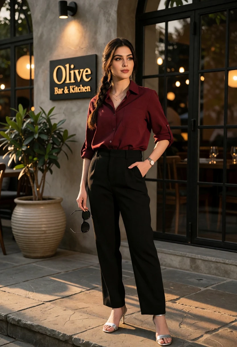 Young woman on stone patio outside restaurant at dusk with dark hair - AI generated image prompt sample