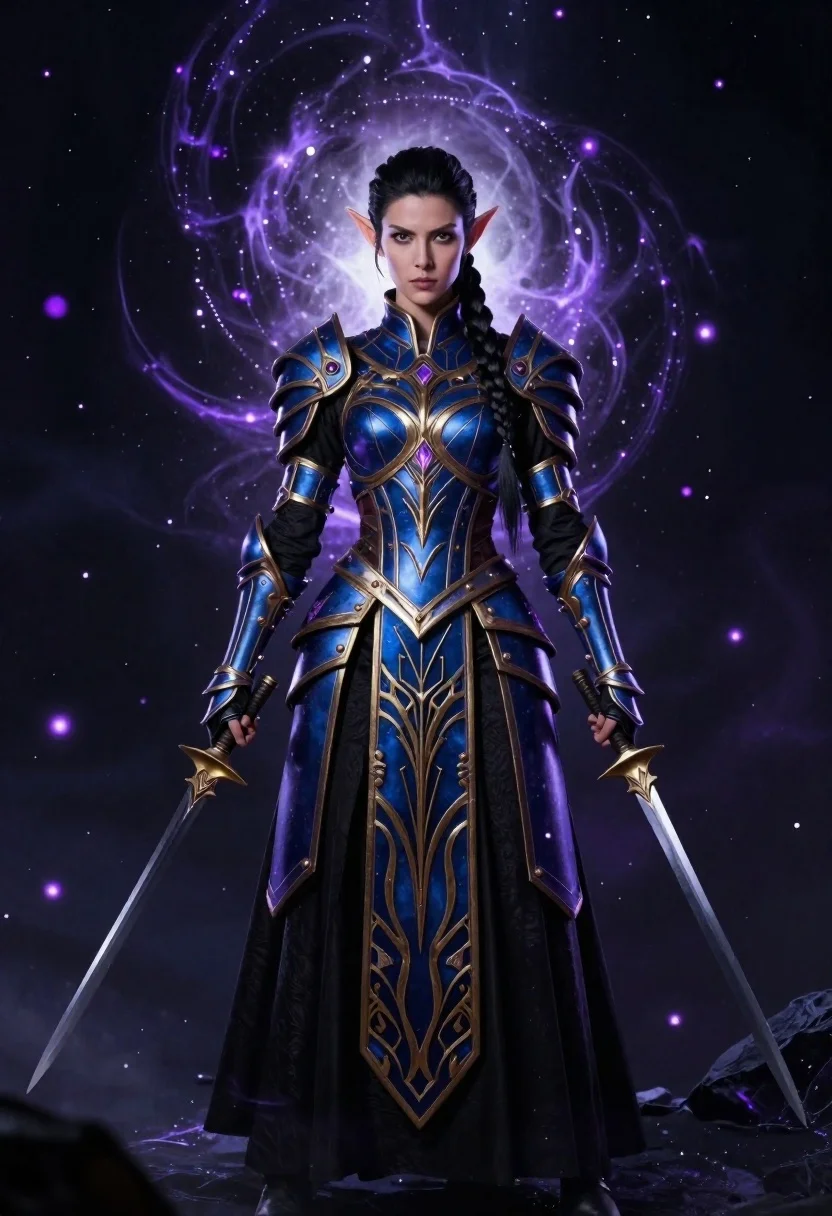 Elven warrior in ornate armor against cosmic void