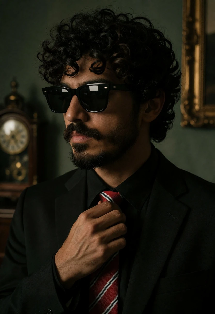 Man in black suit adjusting red striped tie in dimly lit room - AI generated image prompt sample
