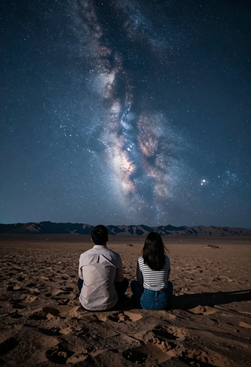 Two figures sitting in vast desert landscape gazing at milky way starry - AI generated image prompt sample