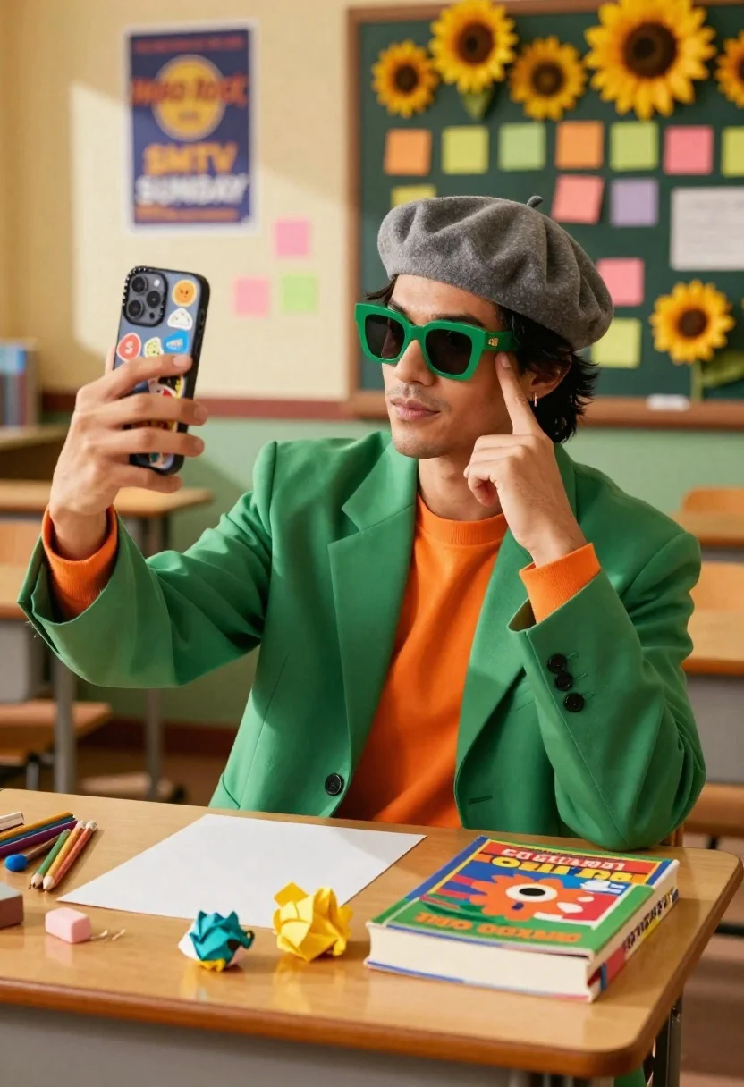 Stylish man in green blazer taking selfie in vibrant classroom - AI generated image prompt sample