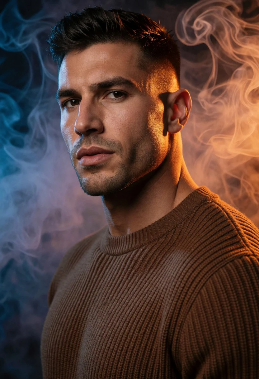 Medium close up portrait of muscular man in brown ribbed sweater against - AI generated image prompt sample