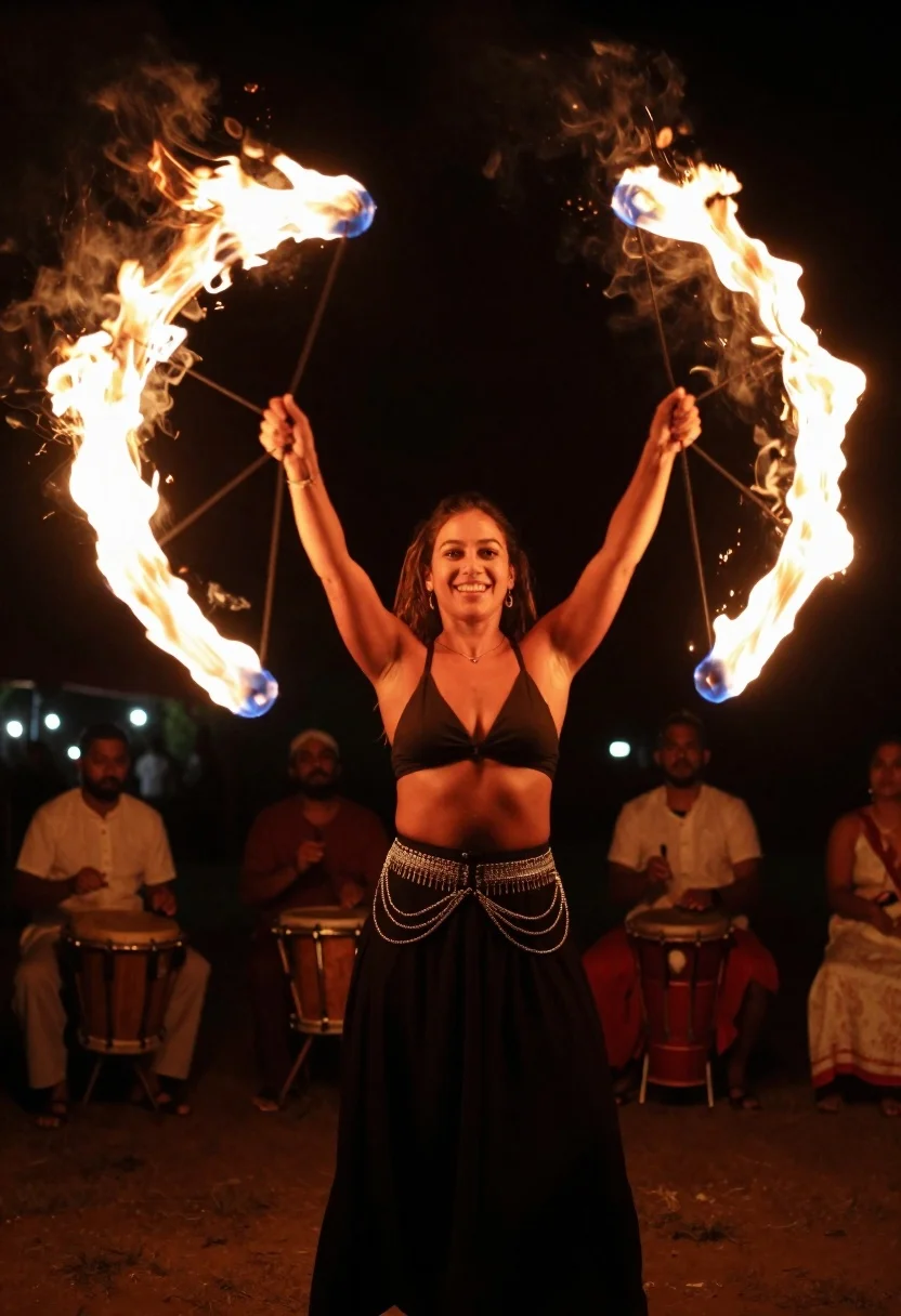 Woman performing fire dance at night swinging flaming poi above head - AI generated image prompt sample
