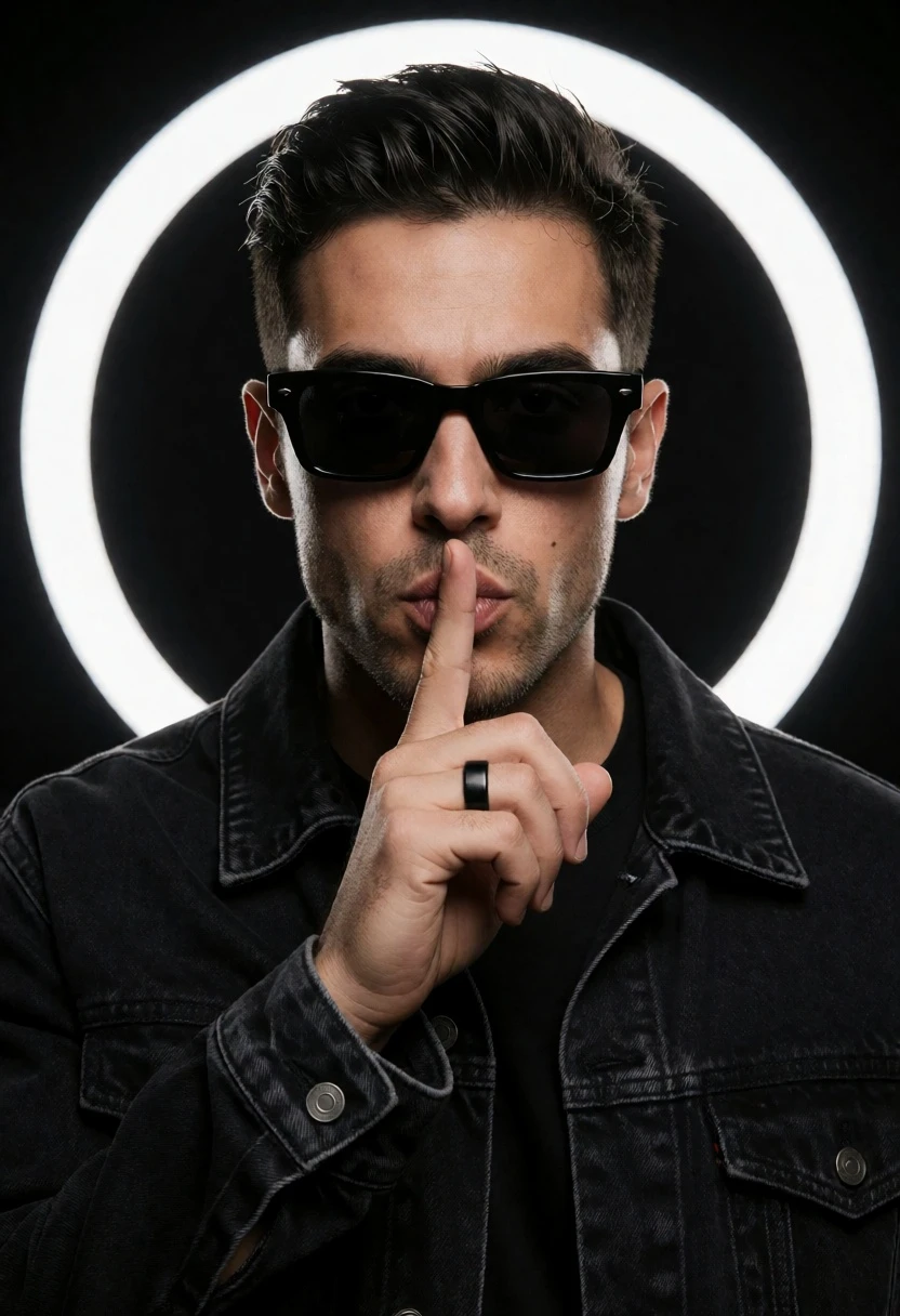 Photorealistic portrait of man in black jacket with halo lighting effect - AI generated image prompt sample