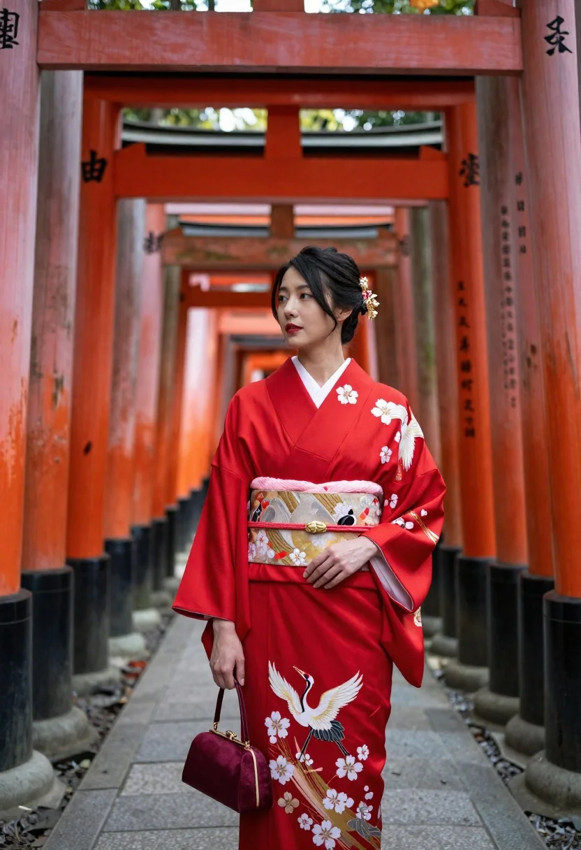 Woman in red silk kimono standing among vermilion torii gates at shrine - AI generated image prompt sample