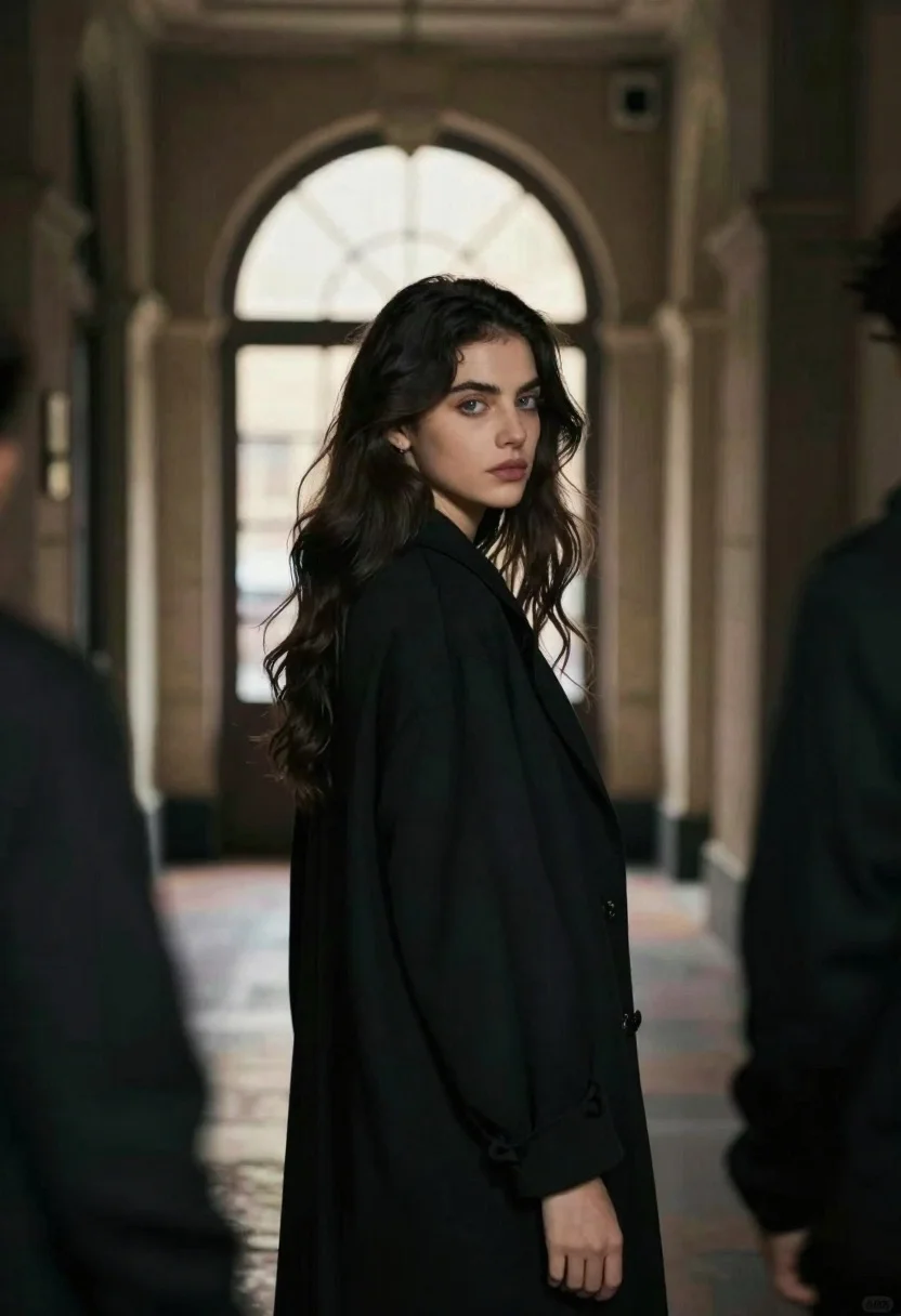 Young woman in black coat looking back down dimly lit stone corridor - AI generated image prompt sample