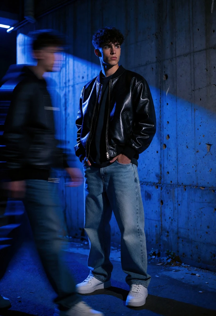 Young man in black leather jacket standing in a dimly lit urban - AI generated image prompt sample