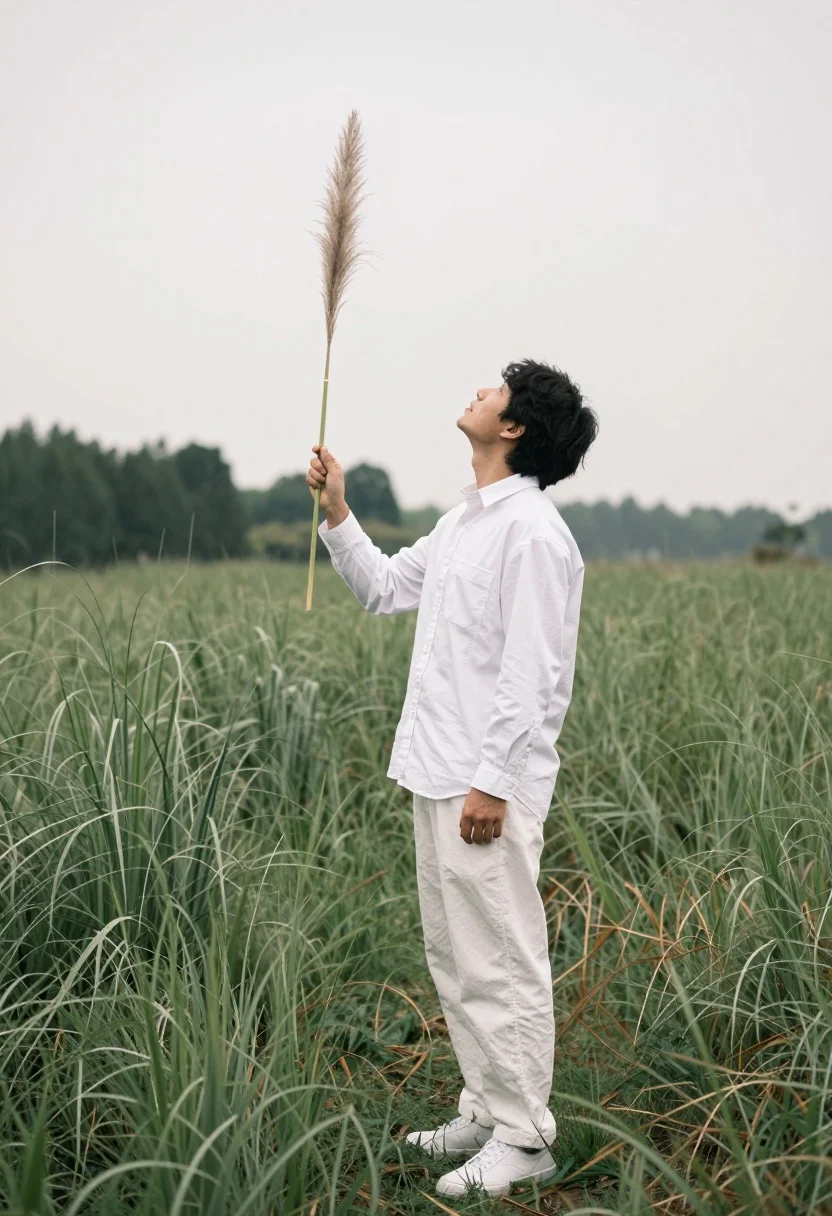 Man in white outfit holding pampas grass standing in lush green meadow - AI generated image prompt sample