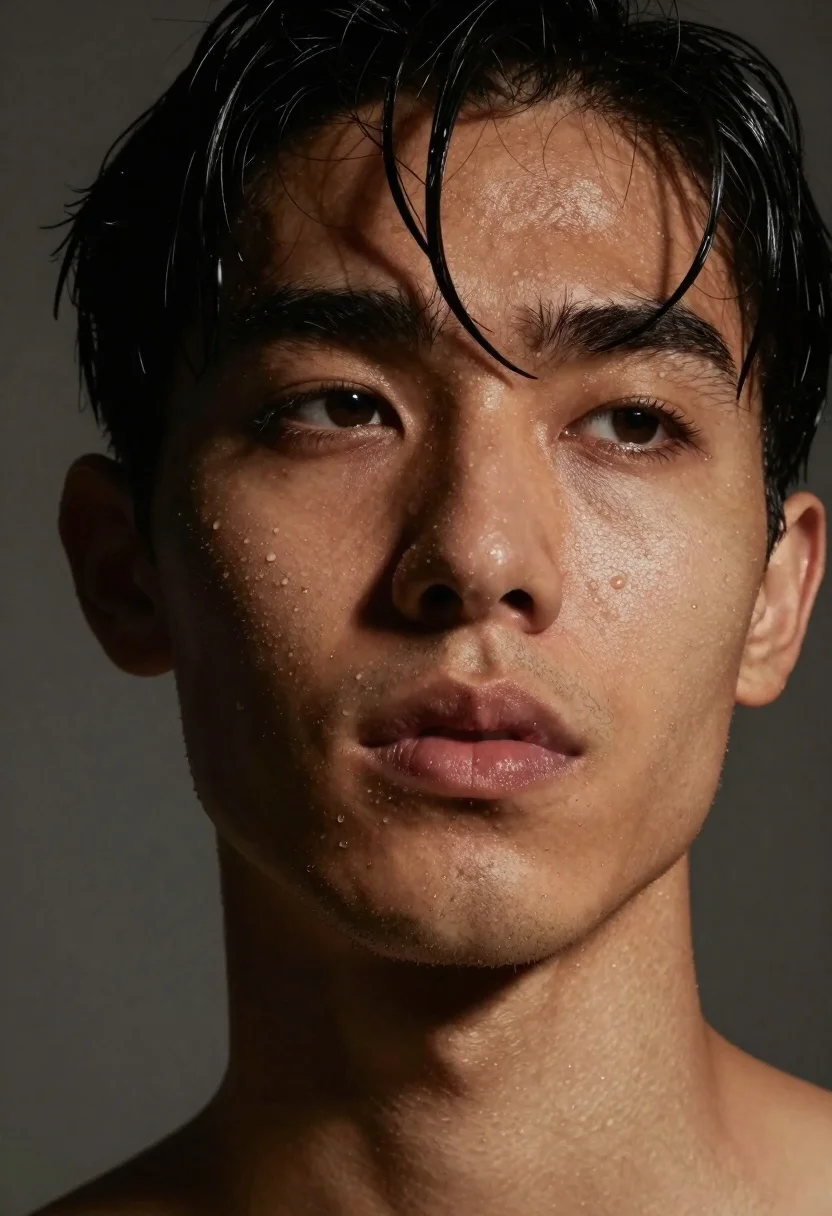 Close up portrait of dark skinned man with wet hair - AI generated image prompt sample