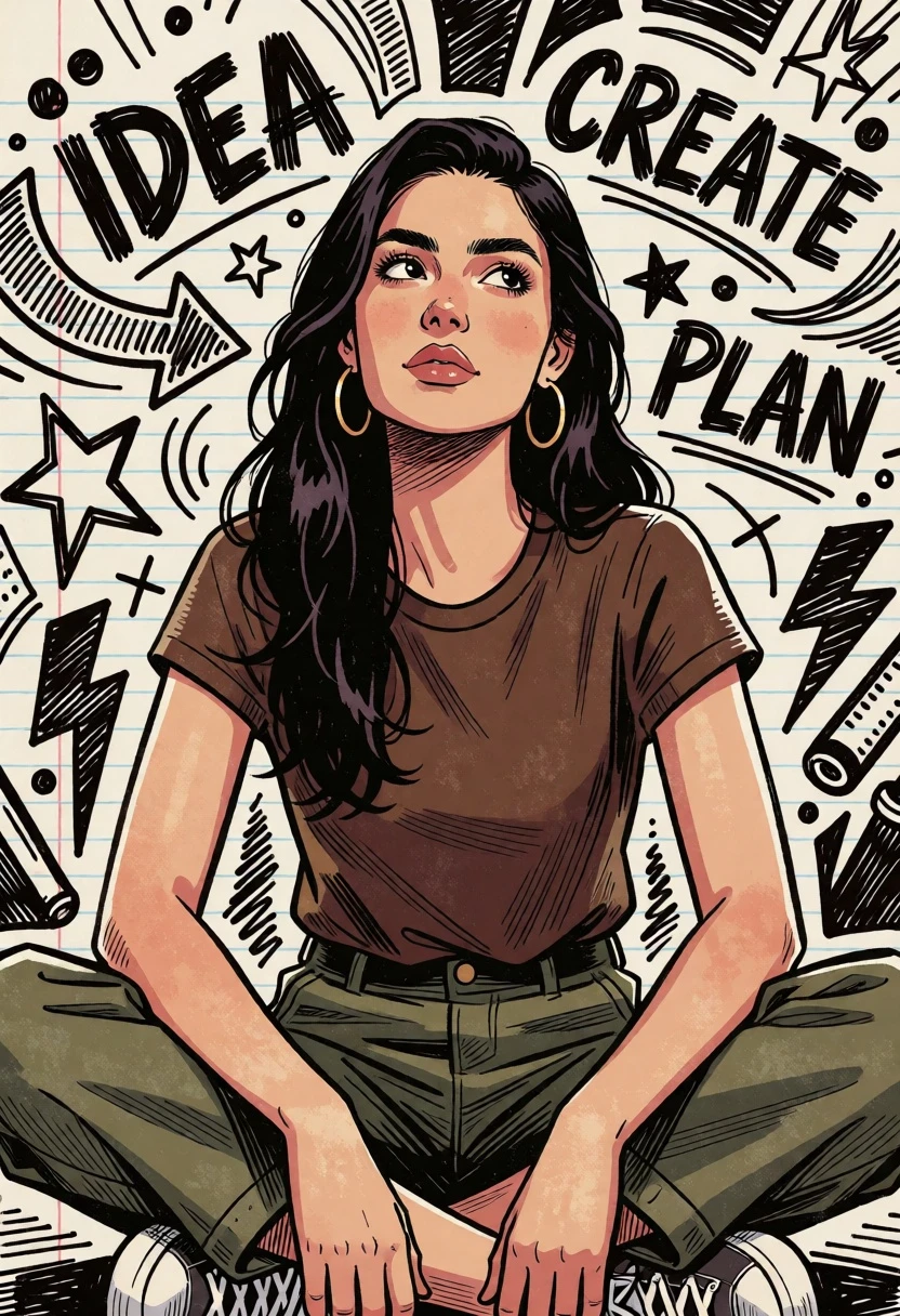 Young woman sitting crosslegged among doodles on lined notebook paper - AI generated image prompt sample