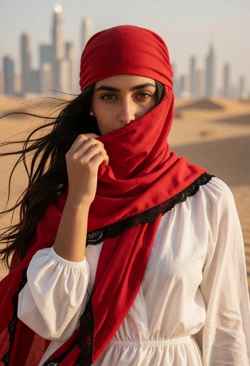 Young woman in red headscarf standing in desert near blurred city skyline - AI generated image prompt sample