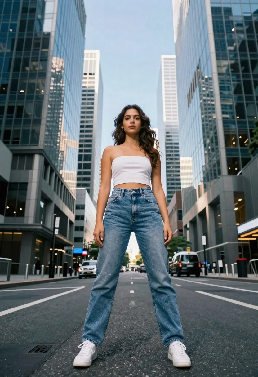 Young woman in white top and jeans on wide city street - AI generated image prompt sample