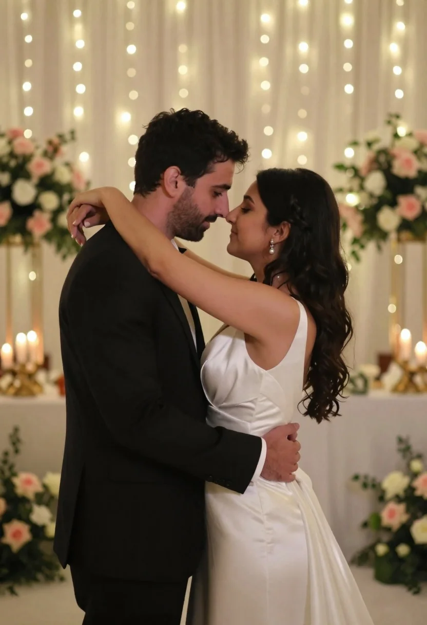 Bride and groom embracing intimately at a wedding reception indoors - AI generated image prompt sample