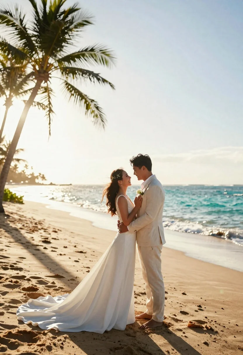 Joyful bride and groom embracing on a sunlit tropical beach at golden