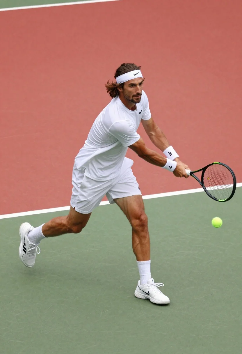Tennis player in action on a red and green court