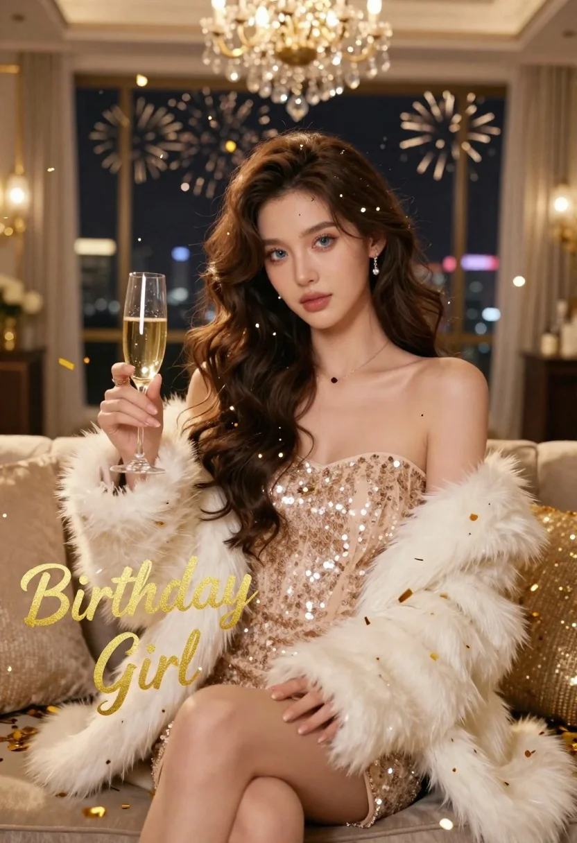 Glamorous woman in sequin dress holding champagne with falling gold confetti - AI generated image prompt sample