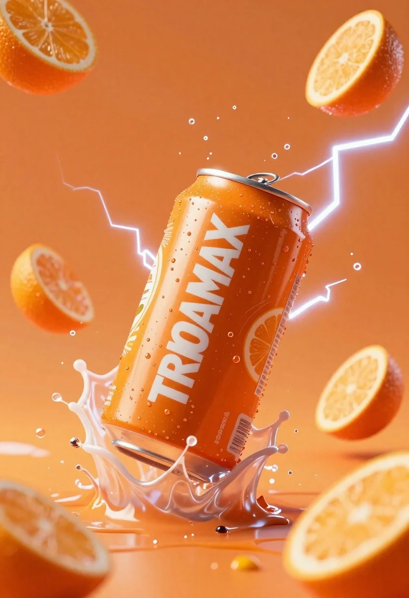 Orange soda can exploding in liquid splash with lightning effects - AI generated image prompt sample