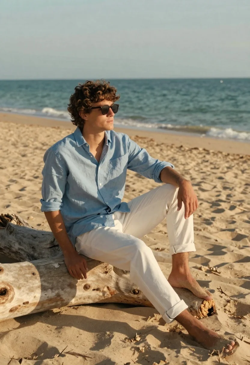 Young man on driftwood at sandy beach overlooking turquoise ocean - AI generated image prompt sample