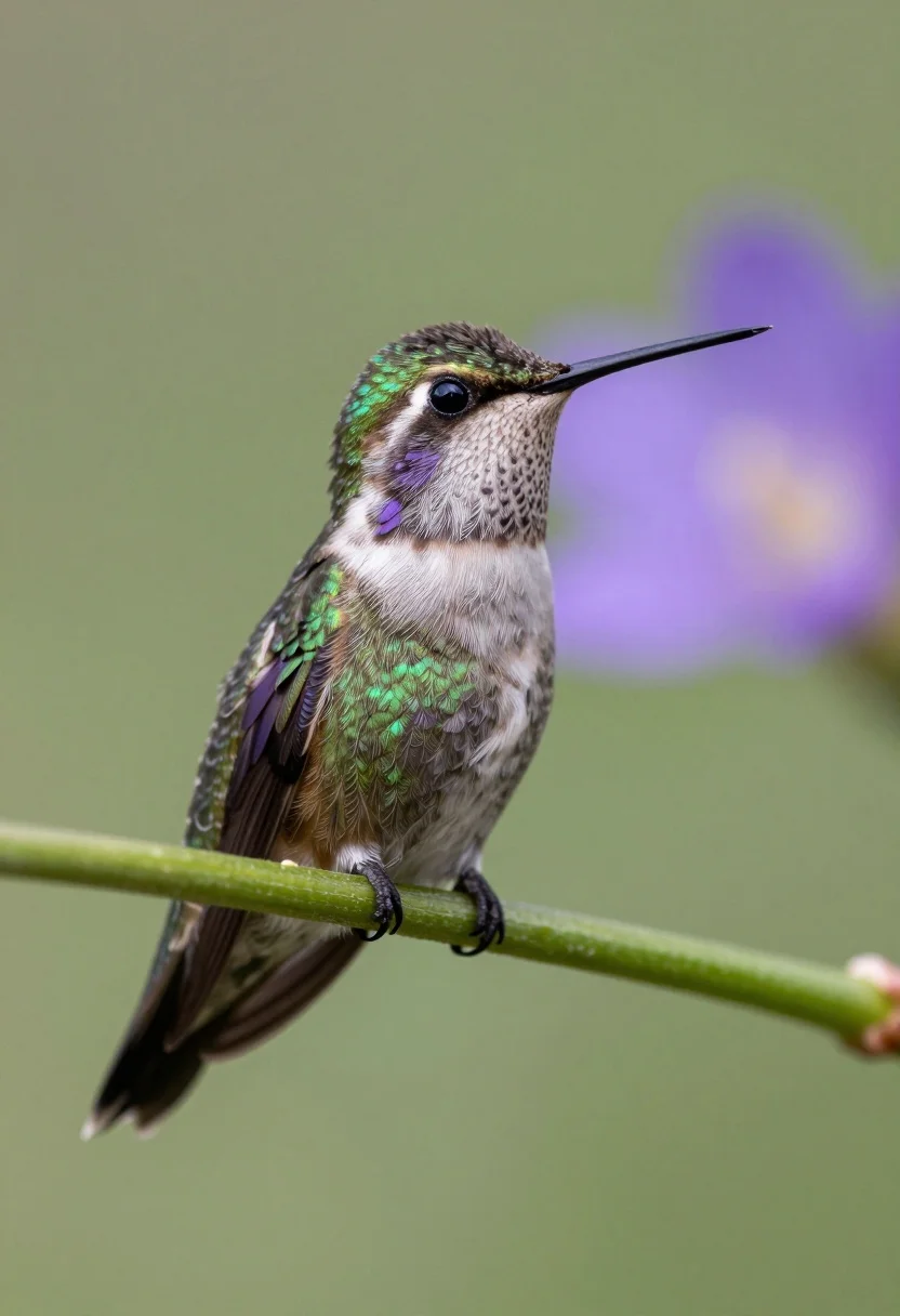 Macro photograph of hummingbird perched on green stem with soft background - AI generated image prompt sample