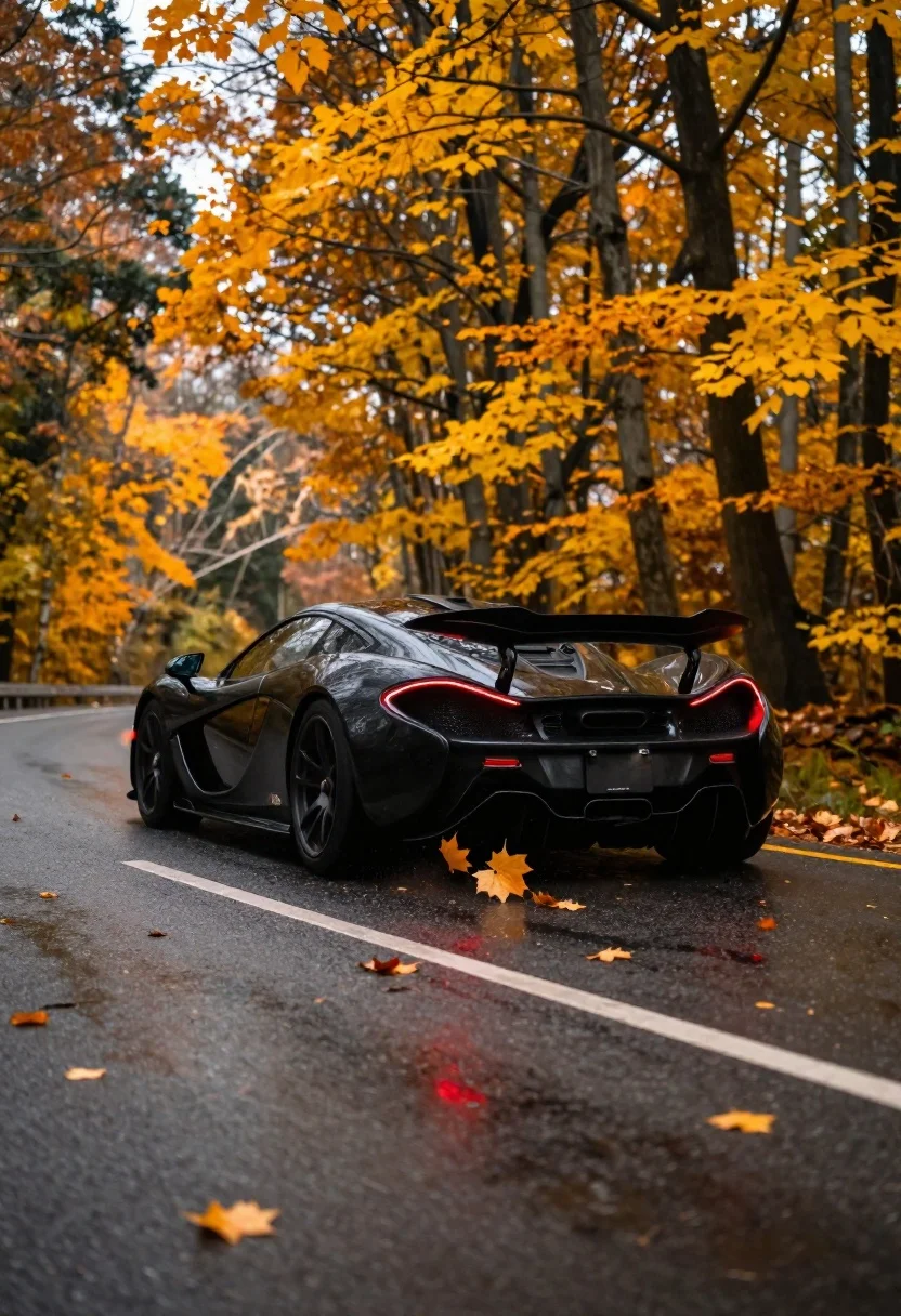 Matte black supercar speeding through autumn forest road
