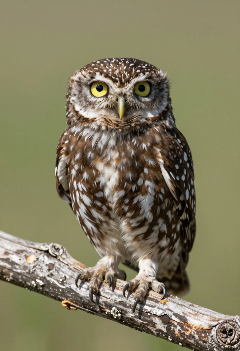 Close up portrait of a small owl perched on weathered wood branch - AI generated image prompt sample