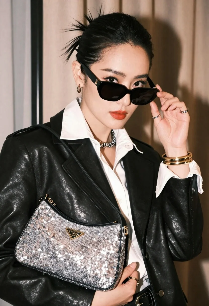 Stylish woman posing indoors holding sparkly handbag adjusting sunglasses