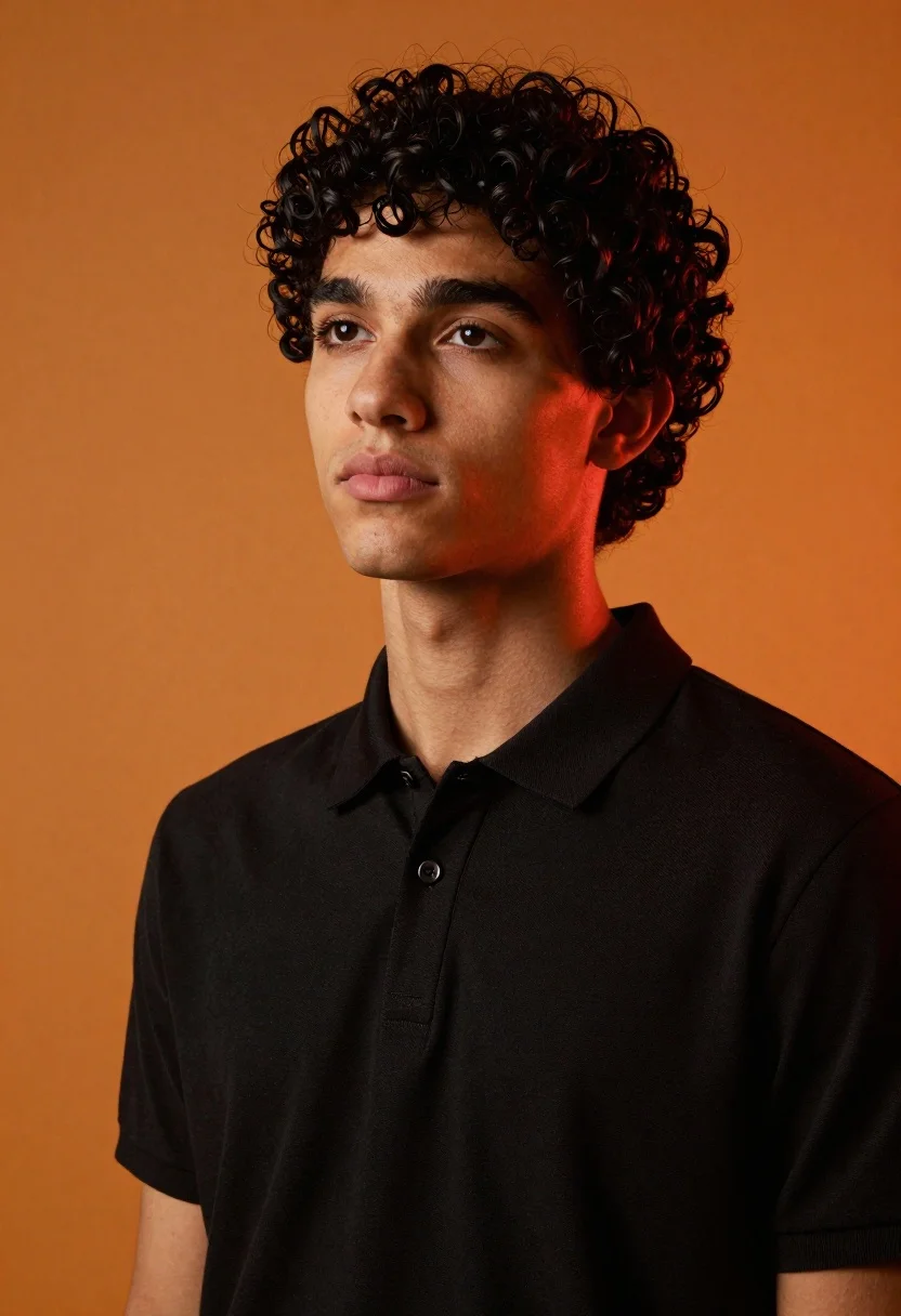 Medium close up portrait of young man with dark curly hair against a solid orange background - AI generated image prompt sample