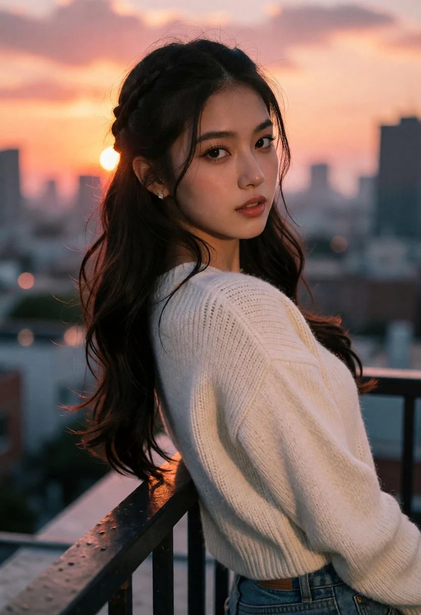 Young woman on balcony overlooking city skyline at vibrant sunset - AI generated image prompt sample