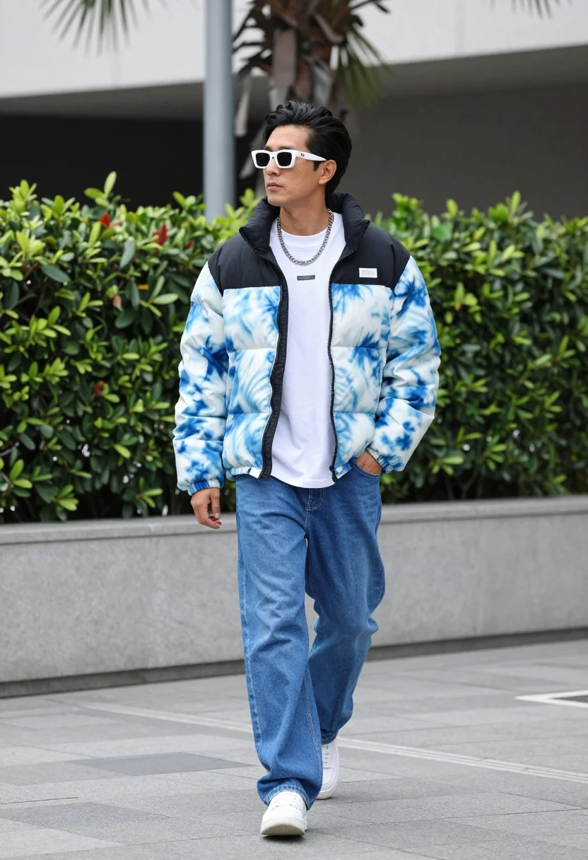 Stylish man walking down urban street with puffer jacket and bright blue - AI generated image prompt sample