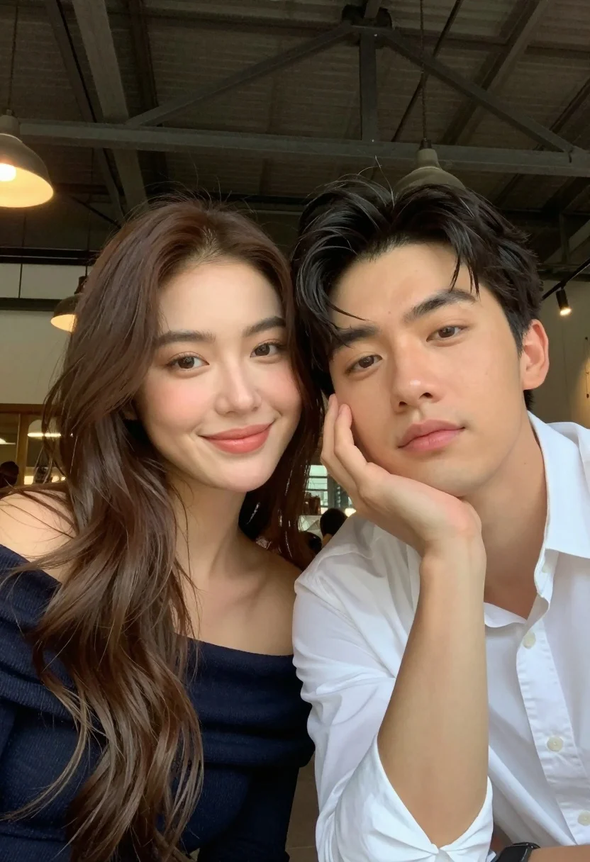 Close up selfie of young couple in industrial interior setting - AI generated image prompt sample