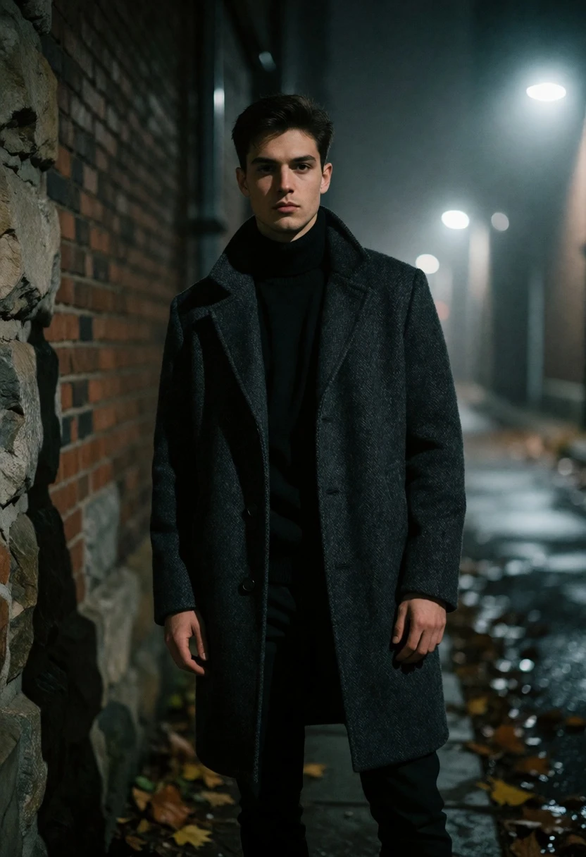 Young man in dark overcoat standing alone in foggy urban alleyway at - AI generated image prompt sample